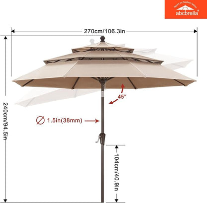 ABCCANOPY 9FT 3-Tier OLEFIN® Patio Umbrella, 5-Year No Fading, Light Beige | Heavy Duty Fade-Resistance Outdoor Table Umbrella, 8 Sturdy Ribs, Tilt, Crank for Deck, Backyard, Garden, Yard, Pool