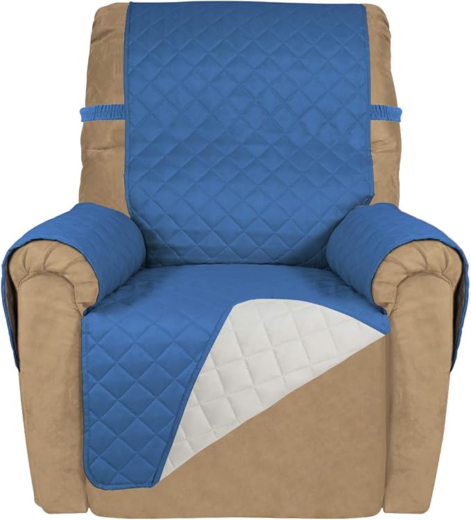 PureFit Reversible Recliner Chair Covers Couch Covers for Dogs, 19 in | Blue/Ivory, Water Resistant Couch Protector, Washable Pet Couch Cover with Non Slip and Elastic Straps For Kids
