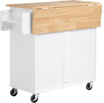 VEVOR Kitchen Island Cart with Storage, 42.28 in Wide Mobile Rolling Storage Island on Swivel Wheels, with Drawer, Storage Cabinet, Drop Leaf, Spice Rack, Table for Home Dining Room, White