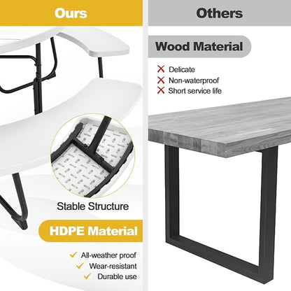 Tangkula 8 Person Picnic Table, Outdoor Round Picnic Table with 4 Built-in Benches, Umbrella Hole, Metal Frame & HDPE Tabletop, Outside Table and Bench Set for Backyard, 2300lbs Weight Capacity