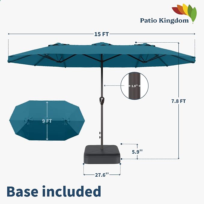 15FT Double Sided Patio Umbrella with Base Included Large Outdoor Market Umbrella with Crank Handle, UV Resistant Canopy, Sturdy Frame for Garden, Poolside, Deck, Lake Blue