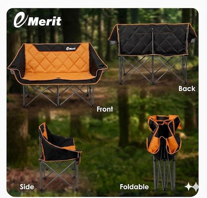 EMERIT Oversized Double Duo Camping Chair Folding Camping Loveseat 2 Person Camping Couch Heavy Duty Lawn Chairs for Outside with Padded Seats & Armrests-Support 650LBS