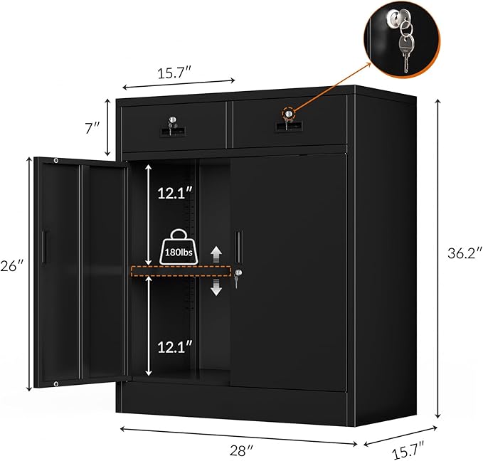 CJF Pantry Cabinet with 2 Drawer, Metal Pantry Storage Cabinets with Doors and 2 Adjustable Shelves, 36" H Locking Cabinet for Kitchen Storage, Home, Garage, Utility Room and Basement, Black