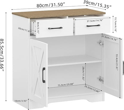 Panana Sideboard 2 Drawers 2 Doors Entryway Storage Cabinet Living Room Organizer Farmhouse Style Wooden Kitchen Cupboard (White)