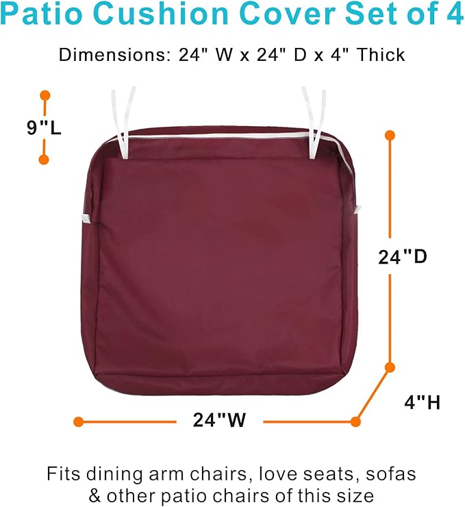 NettyPro Outdoor Cushion Covers Replacement Set 4 Water Repellent UV Resistant Patio Chair Seat Cushion Slipcover with Zipper and Tie, 24 x 24 x 4 Inch, Burgundy