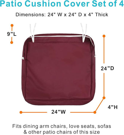 NettyPro Outdoor Cushion Covers Replacement Set 4 Water Repellent UV Resistant Patio Chair Seat Cushion Slipcover with Zipper and Tie, 24 x 24 x 4 Inch, Burgundy