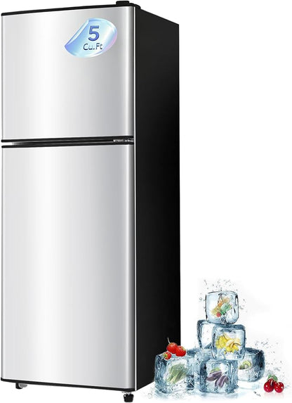 5.0 Cu. Ft Dorm Fridge for Apartment with Freezer Small Refrigerator Silver | Compact Refrigerator 7-Level Adjustable Thermostat, Adjustable Glass Shelves Compact Mini Fridge for Kitchen, Dorm, Office