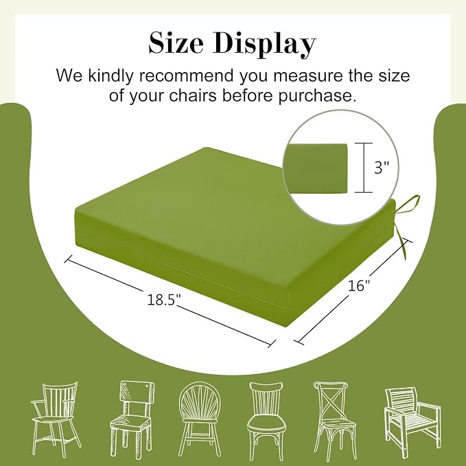 Cozyide Outdoor Chair Cushions, Waterproof Patio Seat Cushions with Adjustable Straps, Square Corner Patio Chair Cushions for Garden, Grass Green, 18.5x16x3 Inch (Pack of 4)