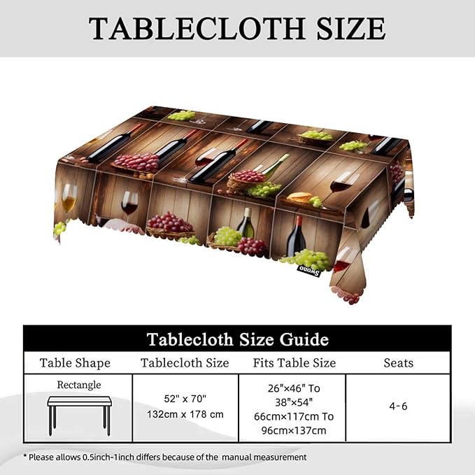 Swono Tablecloth Wine, Retro Red Wine Bottle Glass Grape Wooden Table Cloth for Kitchen Dining Tabletop Decoration Parties Weddings, 52 X 70 Inch Rectangle Tablecloth