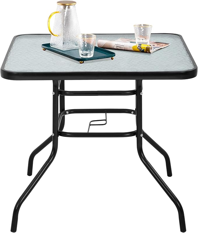 FDW | 34" Outdoor Patio Table with Tempered Glass | Square Coffee Table | with Round Edges, Umbrella Hole | 176 Max Load | Easy to Clean and Assemble | For Homes, Porch, Cafes, Poolside, Beach