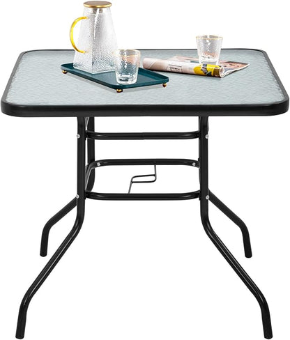 FDW | 34" Outdoor Patio Table with Tempered Glass | Square Coffee Table | with Round Edges, Umbrella Hole | 176 Max Load | Easy to Clean and Assemble | For Homes, Porch, Cafes, Poolside, Beach