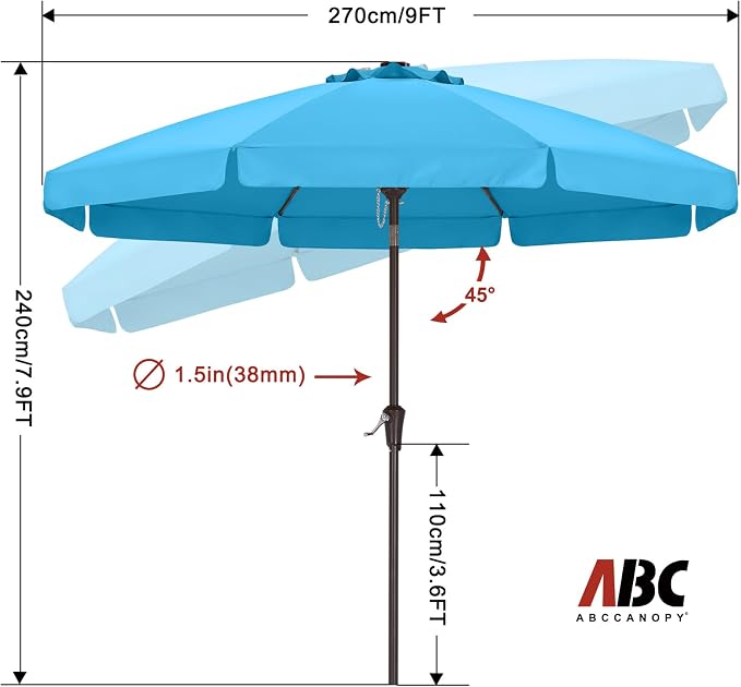 ABCCANOPY 9FT Scalloped Patio Umbrella Table Market Umbrella, Lake | Durable 8 Sturdy Fiberglass Ribs, Push Button Tilt and Crank, UV Protection Waterproof Outdoor Umbrella, Valance Style