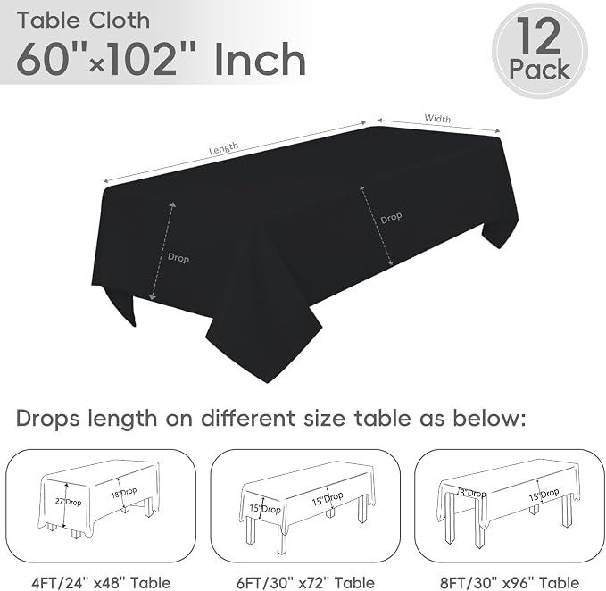 12 Pack Black Tablecloths 60 x 102 Inch Rectangle For 6 Foot Tables | Wrinkle Resistant, Washable Polyester Fabric, Rectangular Table Cloth for Wedding Party Banquet Buffet and Camping