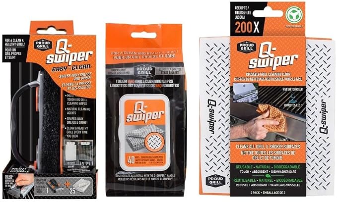 Proud Grill Q-Swiper BBQ Grill Cleaner Gift Bundle - 1 pc Bristle-Free Brush, 65 Moist Cleaning Wipes, 2 pcs Reusable Cloths - Safe Cleaner for Outdoor, Flat Top, Smoker, Griddle & Grates, BBQ Tools