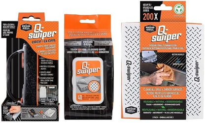 Proud Grill Q-Swiper BBQ Grill Cleaner Gift Bundle - 1 pc Bristle-Free Brush, 65 Moist Cleaning Wipes, 2 pcs Reusable Cloths - Safe Cleaner for Outdoor, Flat Top, Smoker, Griddle & Grates, BBQ Tools