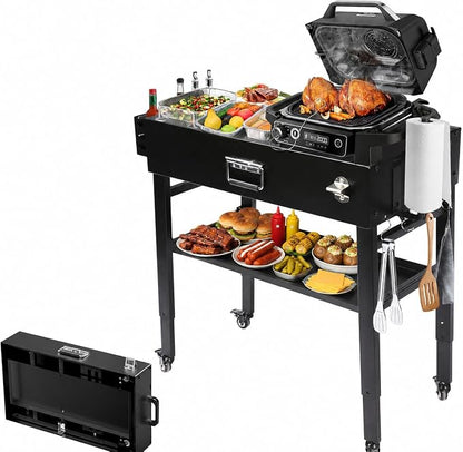 Foldable Grill Cart for Blackstone 17/22, Ninja Woodfire OG700, Ooni Pizza Oven – Portable Grill Table with Wheels, Dual-Shelf BBQ Prep Station with Caddy & Hooks, Compact Camping Griddle Stand