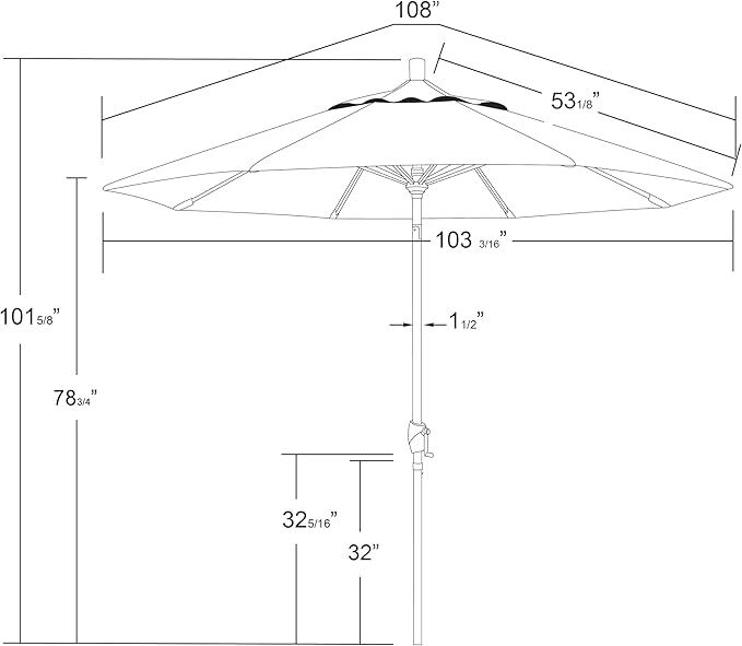 California Umbrella 12-Year-Non-Fading, 9Ft Premium Sunbrella Patio Umbrella, Hand-Crank, Button-Tilt, Black Frame, Regatta Fabric