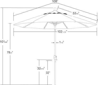 California Umbrella 12-Year-Non-Fading, 9Ft Premium Sunbrella Patio Umbrella, Hand-Crank, Button-Tilt, Black Frame, Navy Fabric