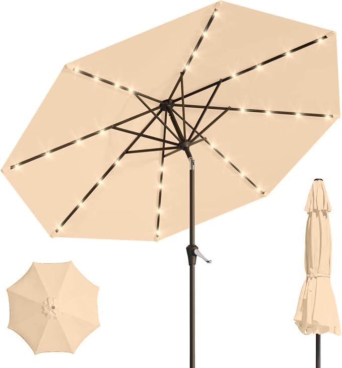 9' Solar LED Patio Umbrella with Tilt & Crank|8 Sturdy Ribs,UV Protection,Outdoor Market Table Umbrella for Deck,Lawn,Pool,Backyard (Khaki)