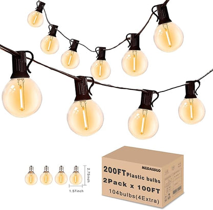 200FT Outdoor Patio Lights Waterproof G40 LED Globe String Lights for Outside with 104 Shatterproof Plastic Bulbs Bistro Lights for Backyard Gazebo Cafe Market, 2Pack x 100FT