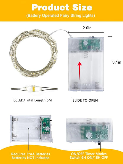 2 Pack 60 LED Fairy Lights Battery Operated with Timer, 20 FT Warm White | Cuttable Copper Wire, Waterproof Battery String Lights for Indoor Outdoor, Wedding, Bedroom, Home, DIY, Christmas Decorations