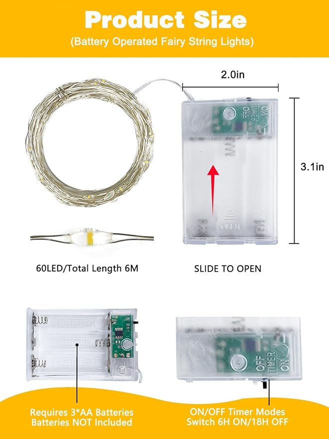 6 Pack Fairy Lights Battery Operated with Timer, Each 20FT 60LED Christmas String Lights Outdoor Indoor, Cuttable Battery Twinkle Light for Bedroom Home Wedding DIY Christmas Decorations (Warm White) | Cuttable Copper Wire, Waterproof Battery String Li...