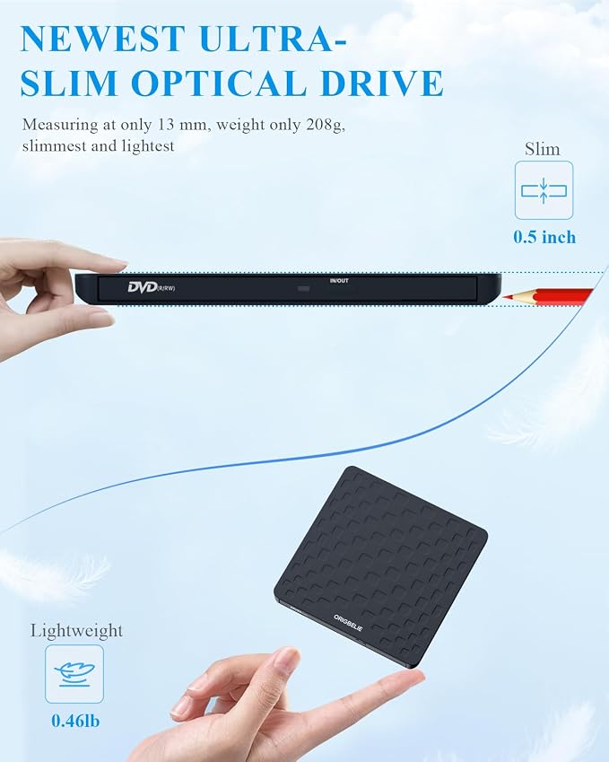 ORIGBELIE External CD DVD Drive for Laptop, USB 3.0 Type-C 13mm DVD Player | Ultra Slim Portable CD DVD +/-RW Drive CD Burner Reader Writer Recorder for Desktop PC Windows 11/10/8/7 Linux Mac OS (Black)