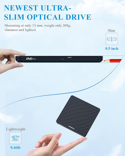ORIGBELIE External CD DVD Drive for Laptop, USB 3.0 Type-C 13mm DVD Player | Ultra Slim Portable CD DVD +/-RW Drive CD Burner Reader Writer Recorder for Desktop PC Windows 11/10/8/7 Linux Mac OS (Black)