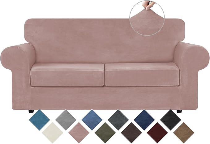 WEERRW Velvet Stretch 3 Pieces Couch Cover for Sofa Washable, Pink | Love Seat Couch Covers for 2 Cushion Couch Sofa Furniture Protector slipcoves with Elastic Bottom for Kids, Medium
