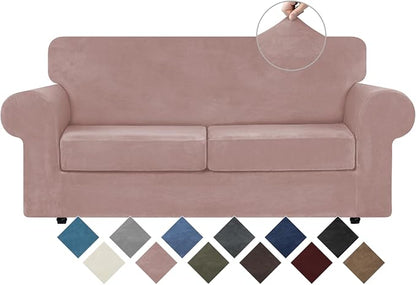 WEERRW Velvet Stretch 3 Pieces Couch Cover for Sofa Washable, Pink | Love Seat Couch Covers for 2 Cushion Couch Sofa Furniture Protector slipcoves with Elastic Bottom for Kids, Medium