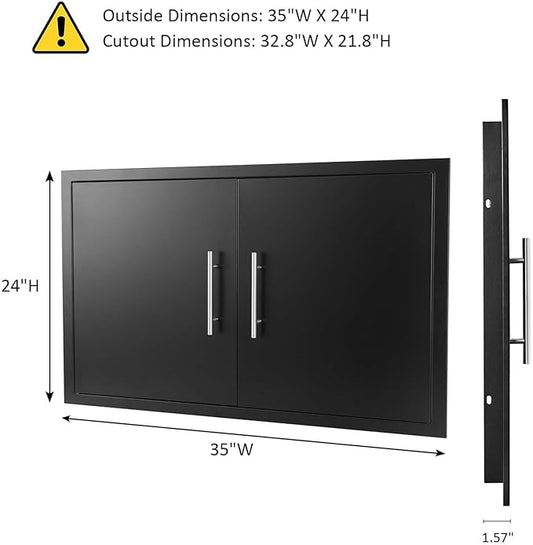 JIE JIN Outdoor Kitchen Doors 35" W X 24" H Double Doors 1.2mm Thickness Stainless Steel BBQ Access Door BBQ Island Doors Outdoor Kitchen Accessories Door for Outdoor Kitchen BBQ Island (Black)