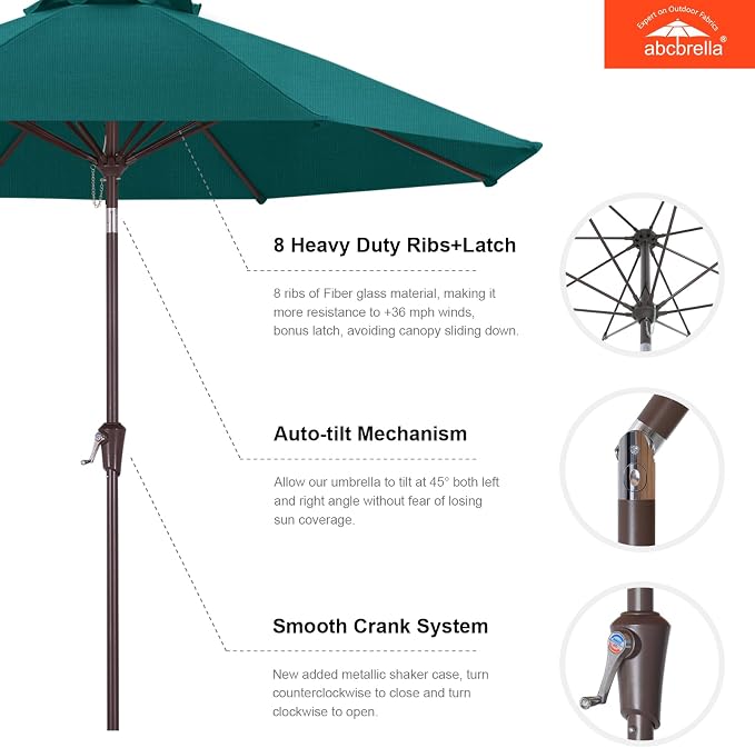 ABCCANOPY OLEFIN® 5-Year No Fading 9FT Outdoor Patio Umbrella(Turquoise) | Fade & UV Resistant Fabric,8 Fiberglass Ribs，Wind Vent，Crank Lift & Tilt,Outdoor Table Umbrella for Deck,Backyard,Yard