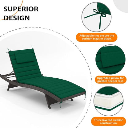 Sundale Outdoor Olefin Quilted Lounge Cushion Set of 2, Patio Foldable Chaise Lounger Cushion, Water-Resistant Lounge Chair Pad with Straps Dark Green, 72 x 21 inches