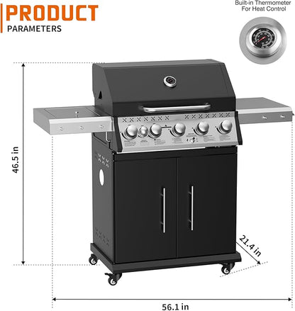 SKOK 5 Burner BBQ Grill with Infrared Side and Rear Burners,Gas Grill with Cast Iron Grates,Outdoor Barbecue Grill 72,000 BTU Output
