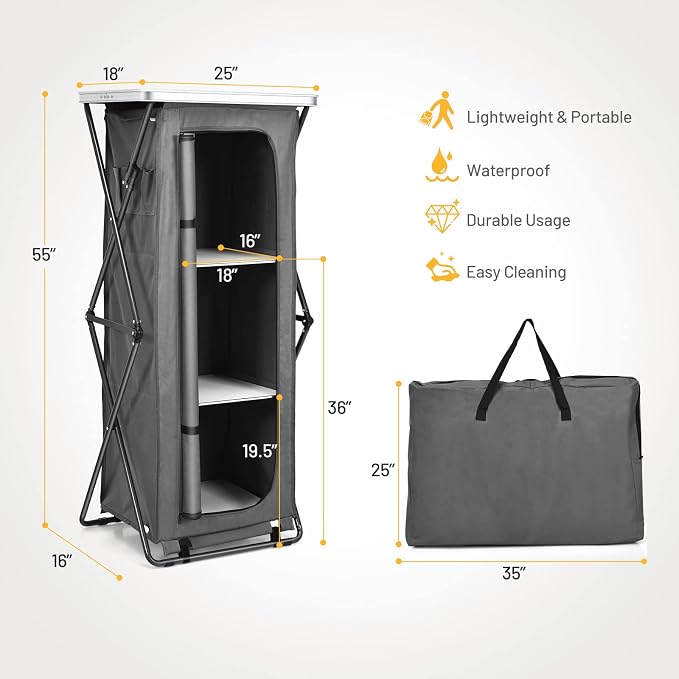 Giantex Folding Camping Storage Cabinet with 3 Shelves and Carry Bag, Portable Outdoor Organizer Kitchen Table, Quick Set-up for BBQ, Picnic, Backyard, Compact Pop-Up Cupboard, 55''H
