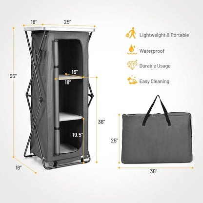 Giantex Folding Camping Storage Cabinet with 3 Shelves and Carry Bag, Portable Outdoor Organizer Kitchen Table, Quick Set-up for BBQ, Picnic, Backyard, Compact Pop-Up Cupboard, 55''H