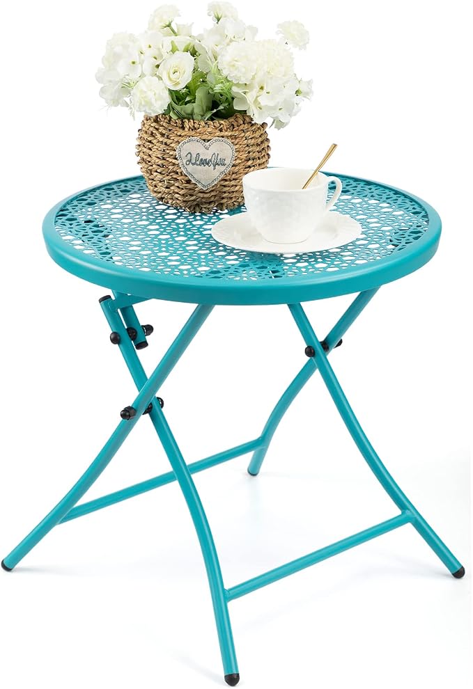TeoKJ Folding Outdoor Side Table, No Assembly Patio Table with Cutouts | Metal Round Anti Rust Patio Desk, Small Nightstand with Flower Cutouts, for Yard, Balcony, Lawn, Pool, Lightweight, Blue
