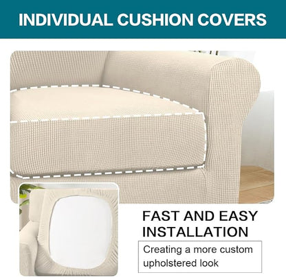 Turquoize 2 Piece Chair Covers for Living Room Armchair Couch Cover with Individual Cushion Covers Furniture Cover for Chairs (Chair,BiscottiBeige)