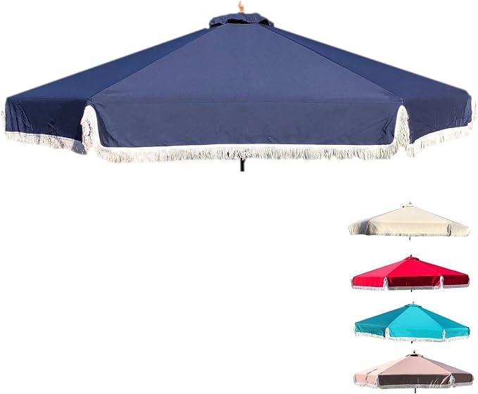 FORMOSA 9ft 6 Rib Market Premium Patio Umbrella Replacement Canopy - 300D UV Protective and Water Resistant Patio Canopy - Umbrella Replacement Cover (CANOPY ONLY) (Navy Fringe Olefin)