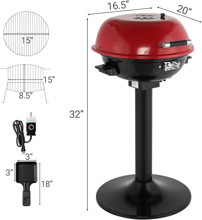 Electric BBQ Grill 1600W Indoor/Outdoor Electric Grill for Indoor & Outdoor Use,Portable Removable Stand Grill (Red)
