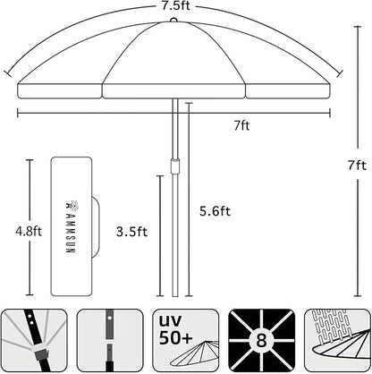 AMMSUN 7.5ft Heavy Duty HIGH Wind Beach Umbrella Commercial Grade Patio Beach Umbrella with Air Vent Ash Wood Pole & Carry Bag UPF 50+ Protection American flag