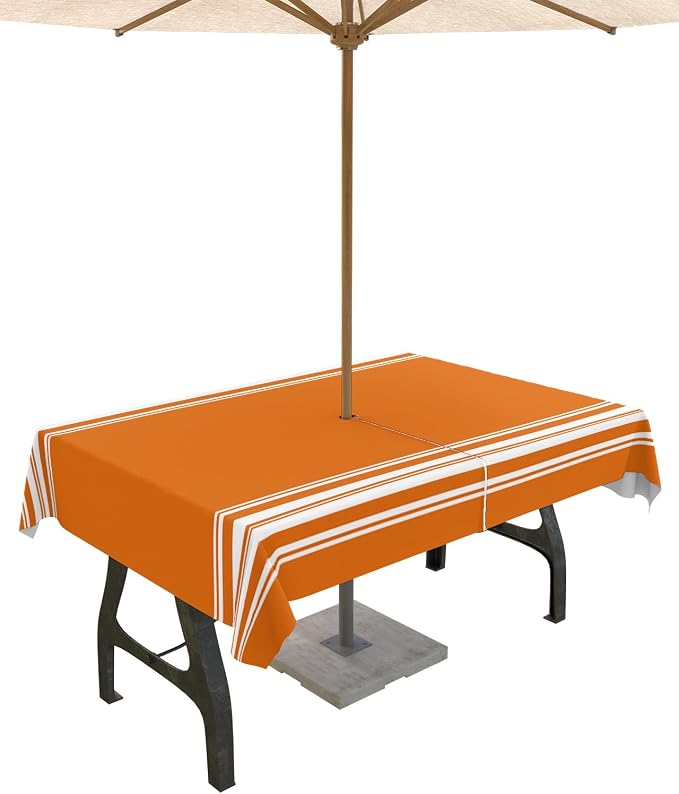 Queenker Fall Outdoor Tablecloth with Umbrella Hole,Farmhouse Orange White Stripe Rectangle Tables Zippered Table Cloth Waterproof Tabletop Cover Collection for Patio,Garden,Picnic,Camping,Dining