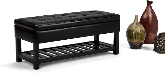 SIMPLIHOME Cosmopolitan Storage Ottoman Bench - 44 inch Wide Upholstered Vegan Leather Rectangle Storage Ottoman in Midnight Black, Transitional Bench for Bedroom with Tufted Lift-Top and Open Shelf