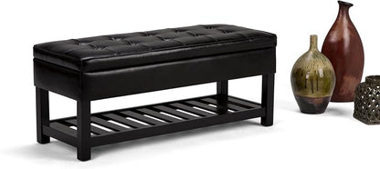 SIMPLIHOME Cosmopolitan Storage Ottoman Bench - 44 inch Wide Upholstered Vegan Leather Rectangle Storage Ottoman in Midnight Black, Transitional Bench for Bedroom with Tufted Lift-Top and Open Shelf