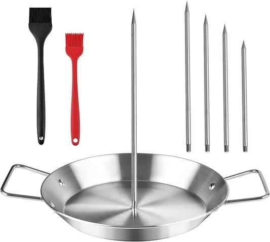 Gyro Pan with Skewer for Oven, Stainless Steel Vertical Skewer Pan for Trompo Al Pastor Tacos, Shawarma Kebab Rotisserie Grill with 5 Adjustable Spikes & Brush, BBQ Smoker Accessories