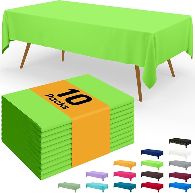 Smiry Disposable Table Cloth - 10 Pack, 54 x 108 Inch Waterproof Rectangle Tablecloths for Parties, Decorative Plastic Table Cover, Leakproof & Sturdy, Lime Green
