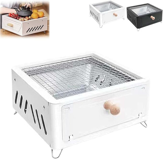 Desktop Charcoal Grill for Picnic, Portable Charcoal BBQ Grill Stove – Iron Hibachi Barbecue Grills, Tea Making Stove Set Tabletop Small Barbecue Grill for Outdoor (White)