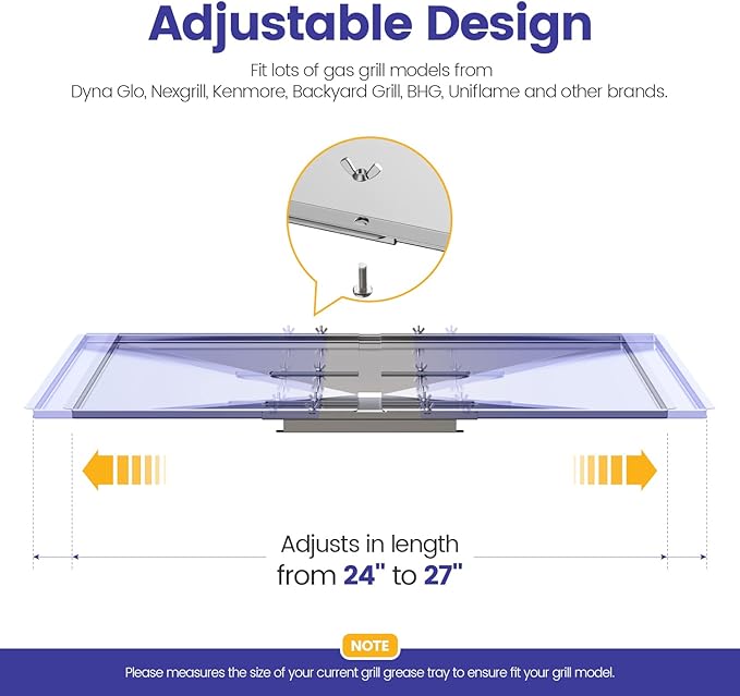 Geesta Grill Grease Tray Set, Stainless Steel Grill Replacement Parts, 24" - 27" Adjustable Grill Drip Pans Fit for Gas Grill from Dyna Glo, Nexgrill, Backyard Grill, Expert, BHG, Kenmore and More