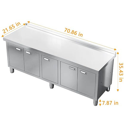 WWK 70" x 21" Stainless Steel Table with Cabinet, Commercial Kitchen Table for Prep & Work, Heavy Duty Work Cabinet with 5 Doors for Outdoor, Kitchen, Restaurant, Hotel, Garage and Cafe