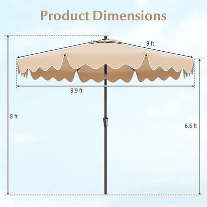 Tangkula 9Ft Patio Umbrella with Crank, 2-Tier Outdoor Umbrella with Push Button Tilt, Sun-Protective Canopy, 8 Ribs, Scalloped Patio Umbrella for Outdoor Beach Deck Pool Table (Beige)